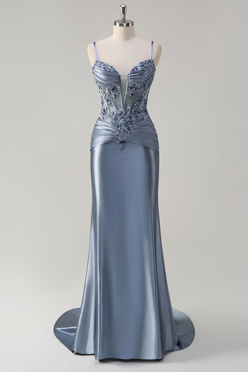 ZAPAKA Women Sparkly Grey Blue Long Prom Dress Mermaid Spaghetti Straps Corset Appliques Satin Evening Dress with Train