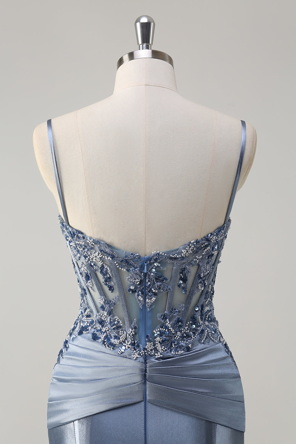 Sparkly Grey Blue Mermaid Spaghetti Straps Corset Appliqued Long Prom Dress with Train