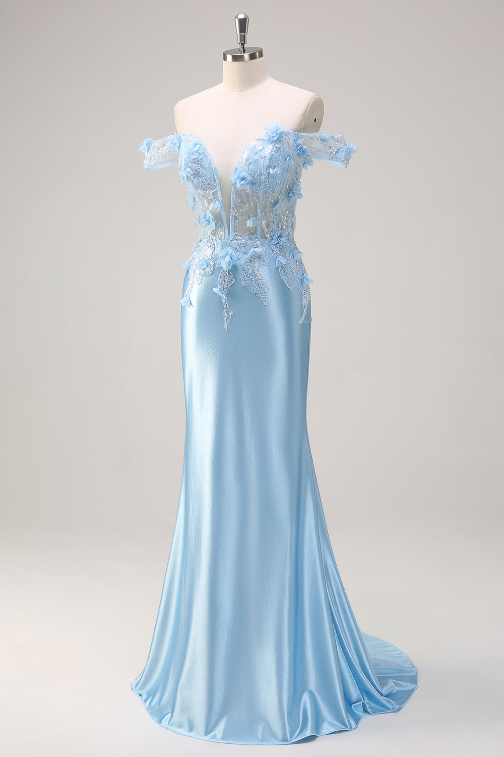 Sky Blue Mermaid Off The Shoulder Corset Floral Long Prom Dress with 3D Flowers