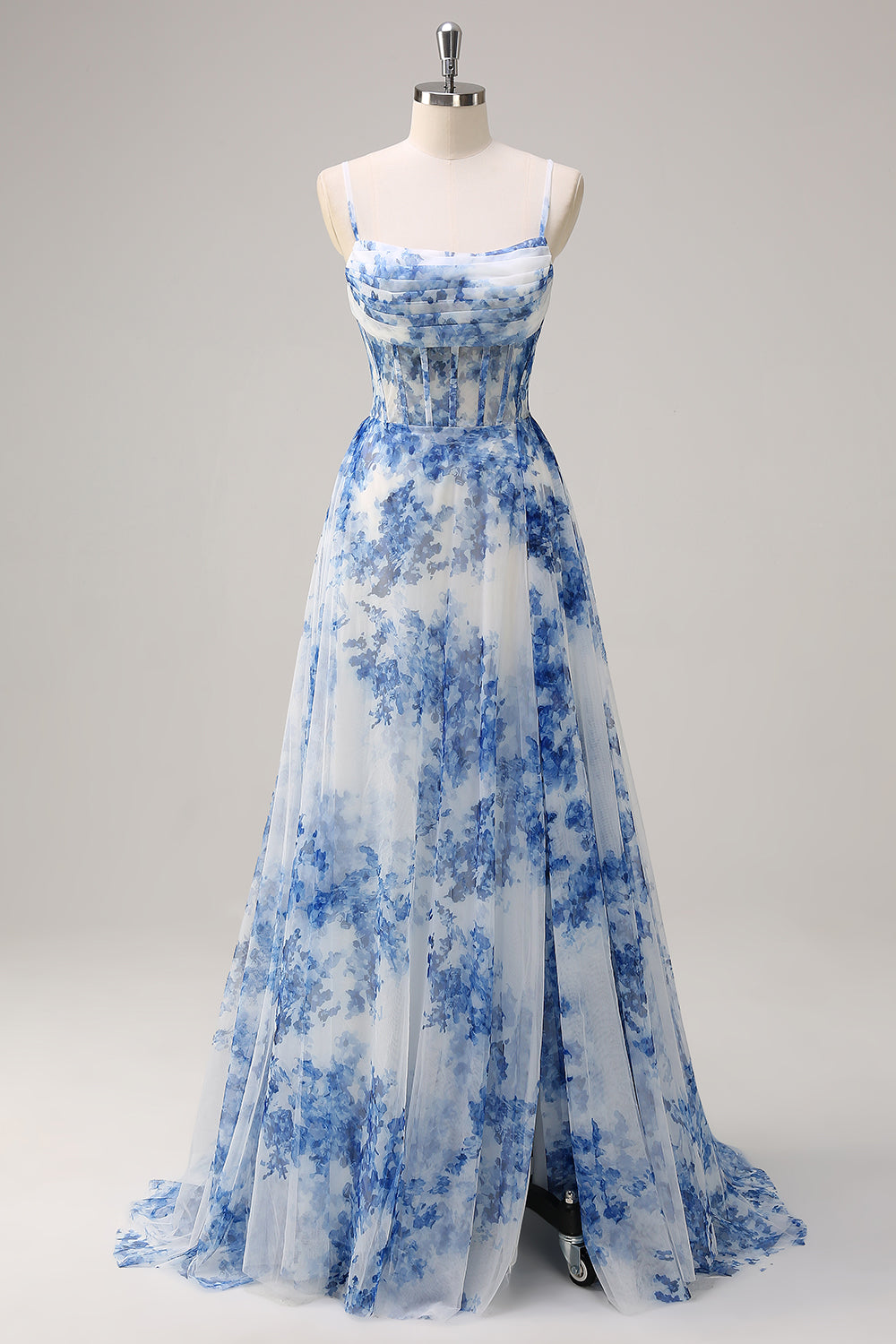 ZAPAKA Women White Blue Flower Corset Long Prom Dress With Slit Spaghetti Straps Ruched Wedding Party Dress