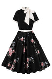 Blue Floral Printed 1950s Dresses with Short Sleeves