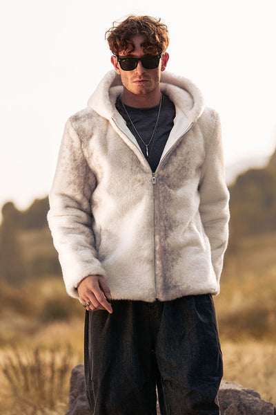 Zapaka Ivory Faux Fur Zip-Up Hoodie Long Sleeves Men's Winter Coat