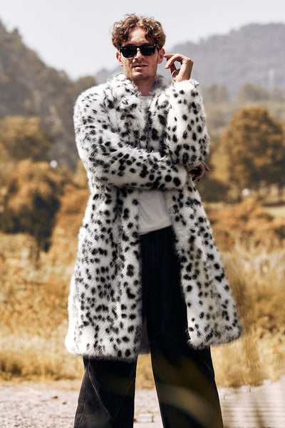 Zapaka Men's Coat White Black Faux Fur Print Leopard Mid-Length