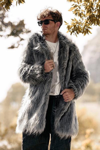 Zapaka Men's Coat Grey Lapel Solid Color Faux Fur Long Sleeves