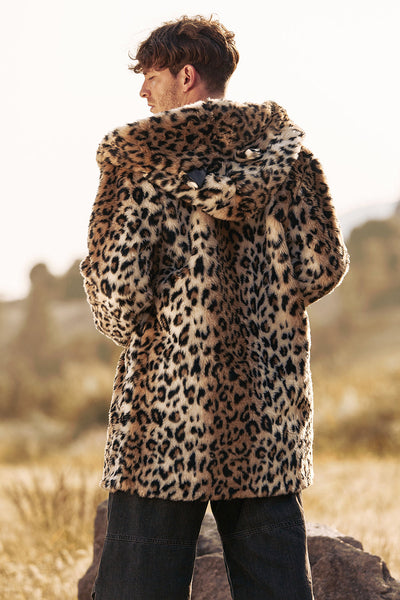 Zapaka Men's Coat Leopard Mid-Length Faux Fur Winter Jacket