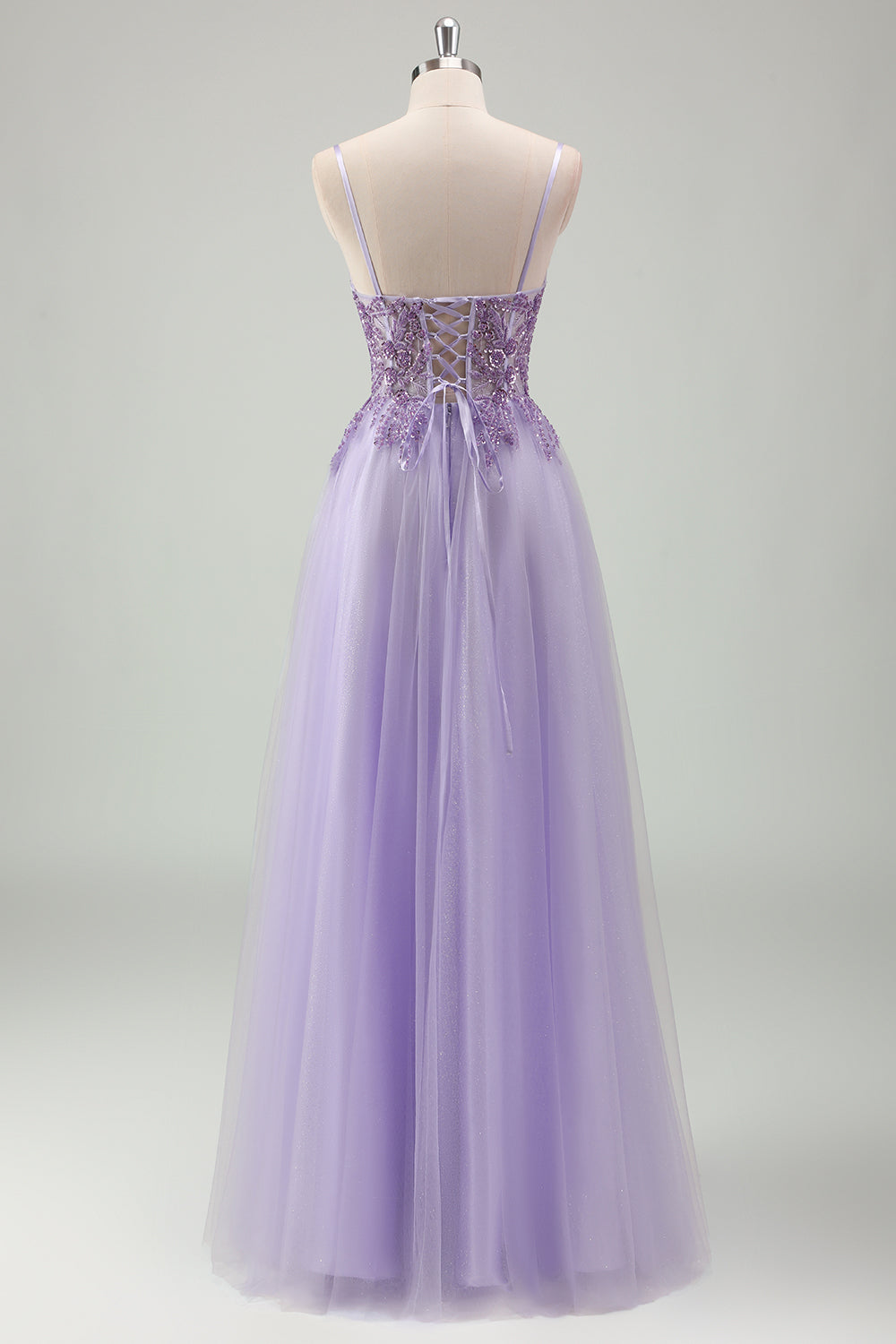 Sparkly Purple A-Line Spaghetti Straps Corset Long Prom Dress with Appliques