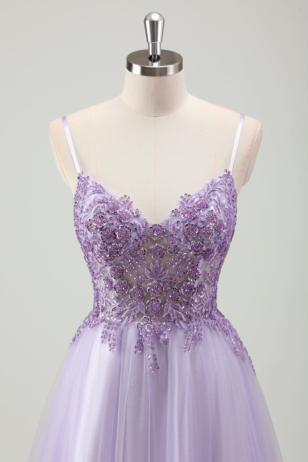 Sparkly Purple A-Line Spaghetti Straps Corset Long Prom Dress with Appliques
