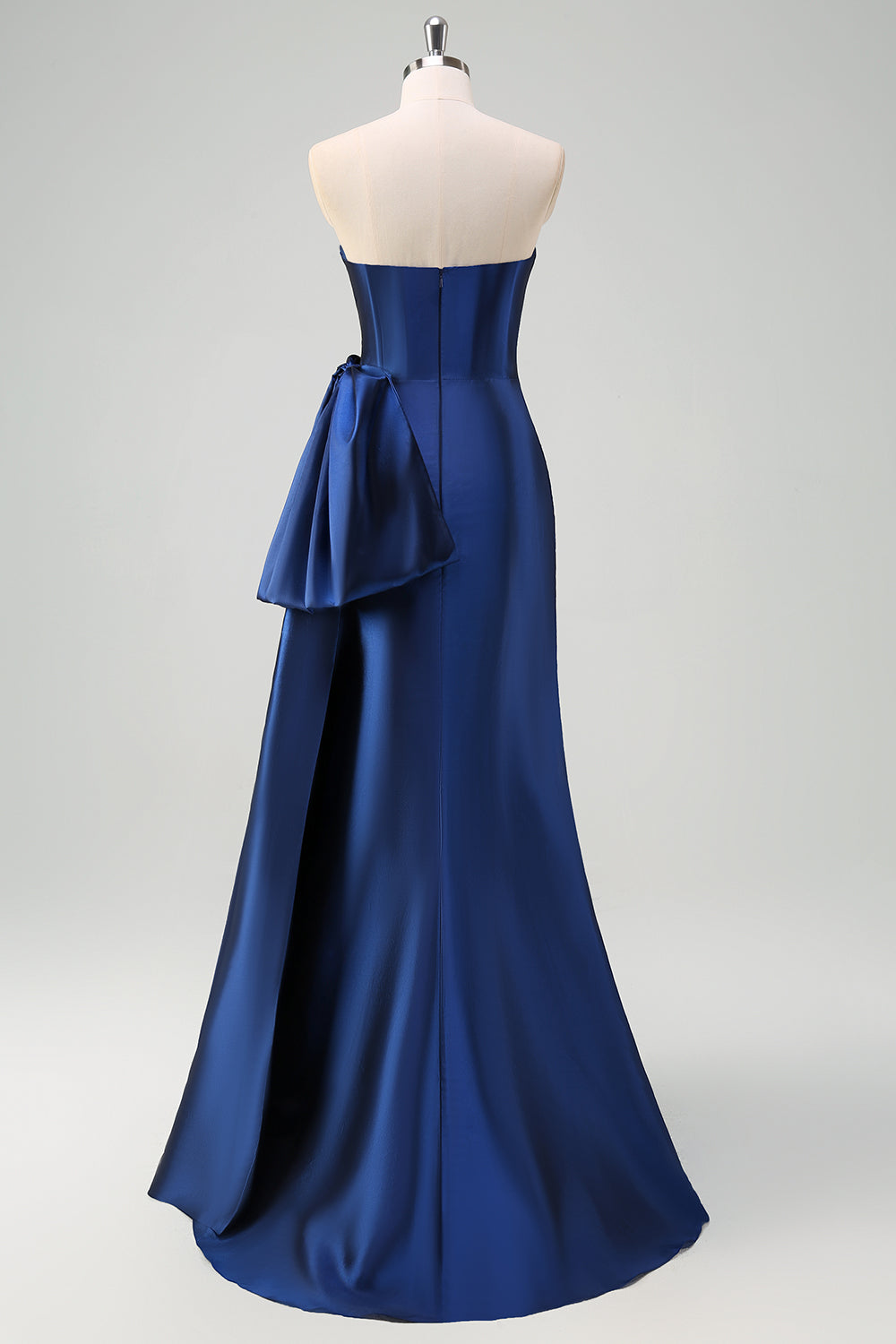 Dark Blue Strapless Pleated Long Prom Dress with Draped Bow Accent