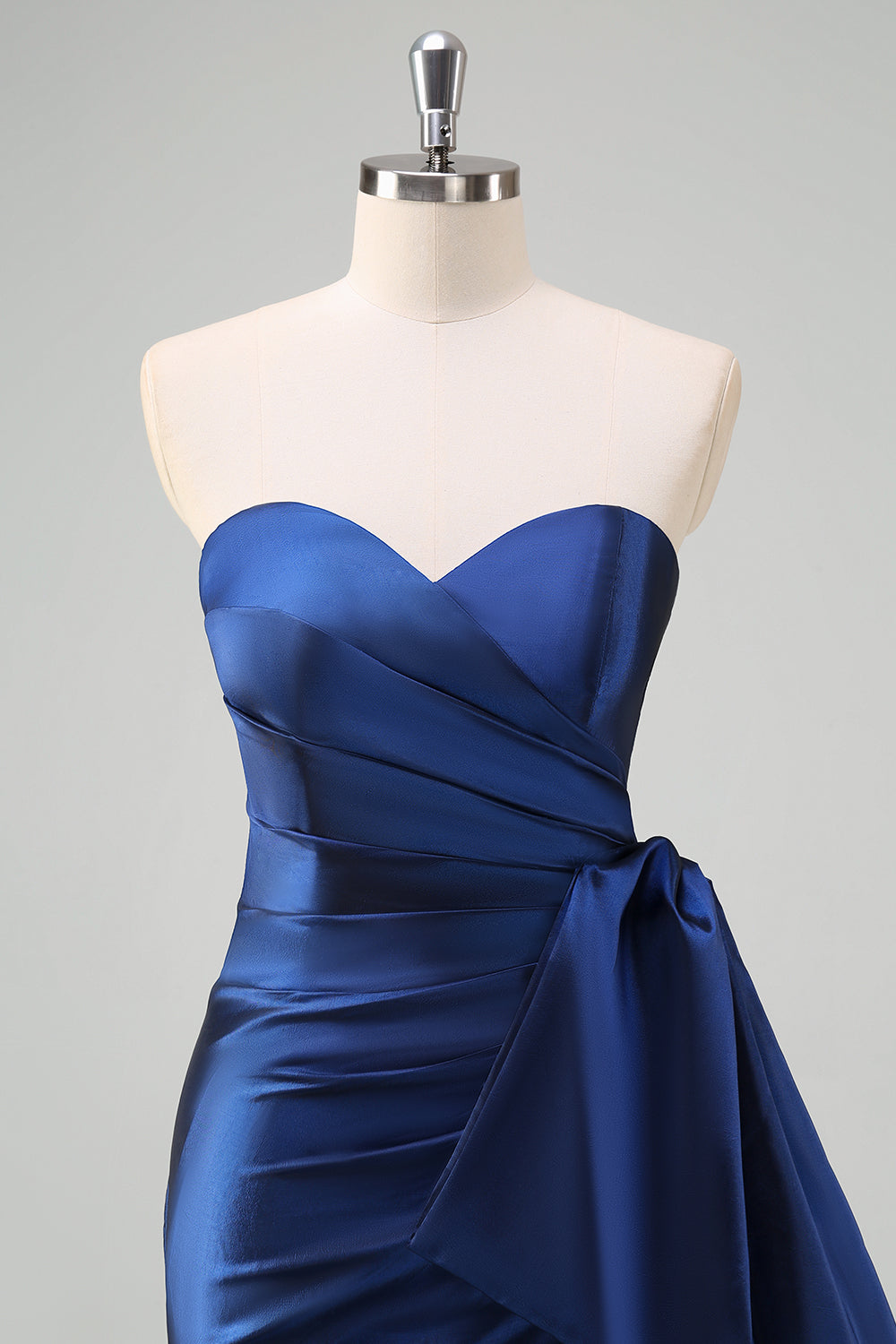 Dark Blue Strapless Pleated Long Prom Dress with Draped Bow Accent