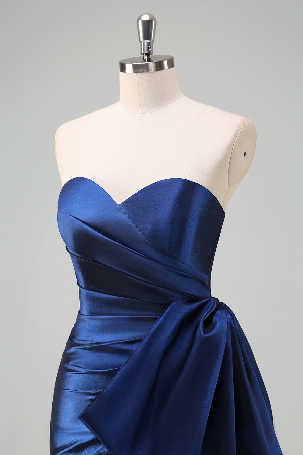 Dark Blue Strapless Pleated Long Prom Dress with Draped Bow Accent
