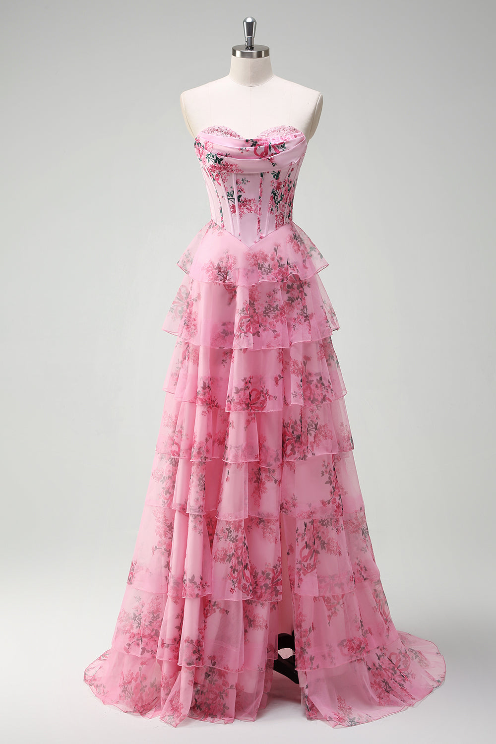 ZAPAKA Women Blush Long Prom Dress with Slit A-Line Sweetheart Tiered Corset Evening Dress