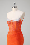 Orange Spaghetti Straps Beaded Corset Mermaid Prom Dress