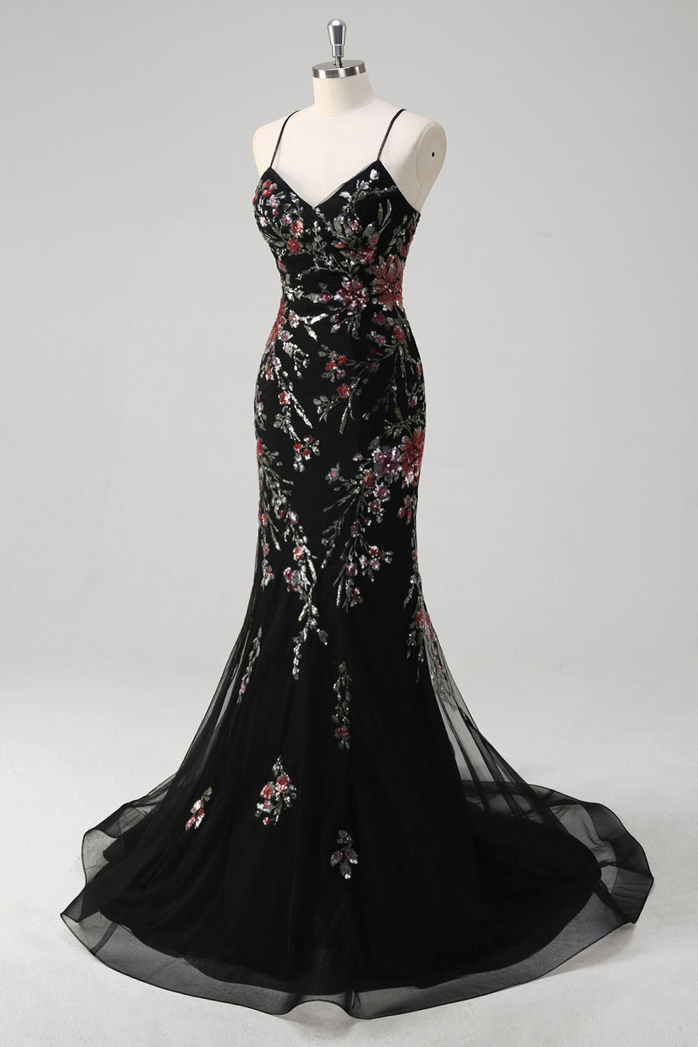 Black Mermaid Spaghetti Straps Appliqued Long Prom Dress With  Sequins