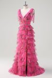 Fuchsia A Line Ruffle V-Neck Tiered Floral Prom Dress with Slit