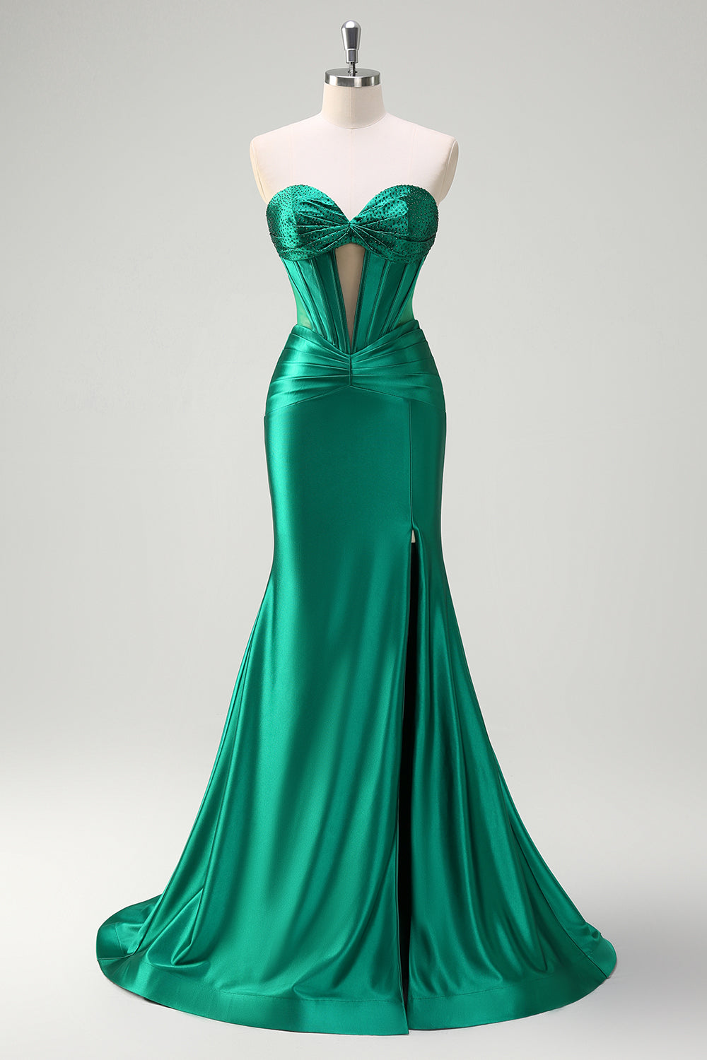 Sparkly Sage Mermaid Strapless Beaded Corset Ruched Satin Prom Dress with Slit