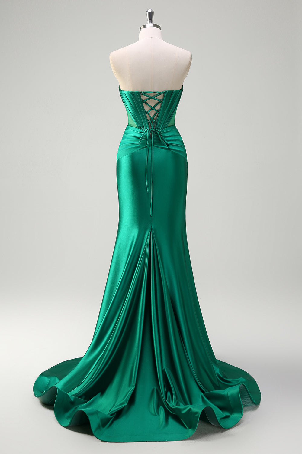 Sparkly Sage Mermaid Strapless Beaded Corset Ruched Satin Prom Dress with Slit