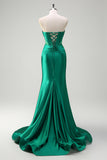 Sparkly Sage Mermaid Strapless Beaded Corset Ruched Satin Prom Dress with Slit