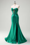 Sparkly Sage Mermaid Strapless Beaded Corset Ruched Satin Prom Dress with Slit