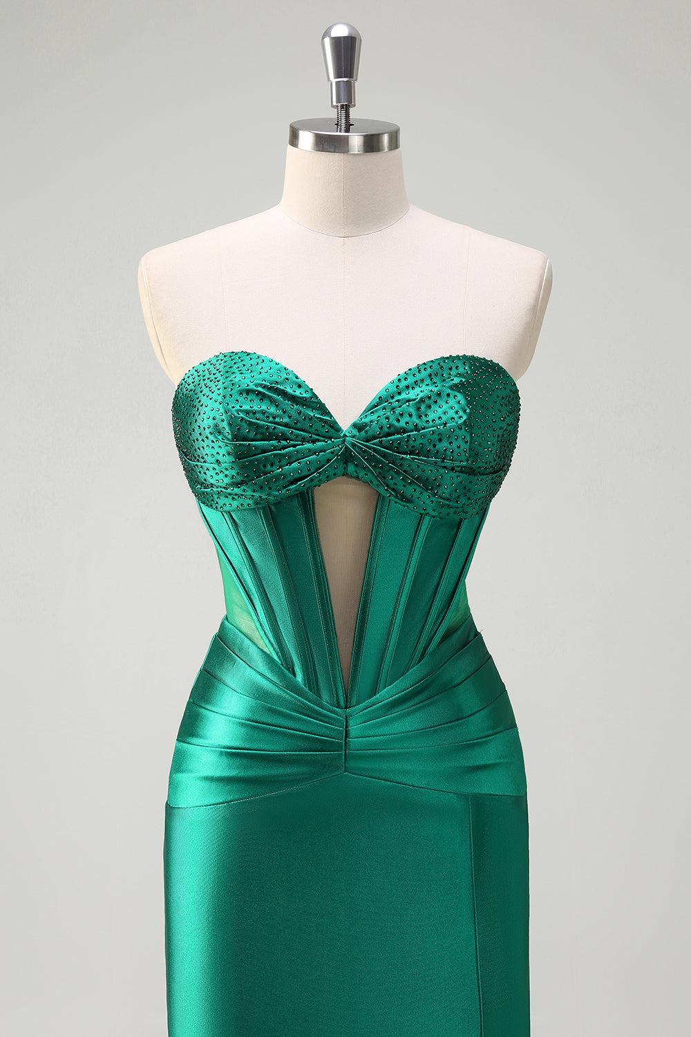 Sparkly Sage Mermaid Strapless Beaded Corset Ruched Satin Prom Dress with Slit