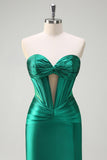 Sparkly Sage Mermaid Strapless Beaded Corset Ruched Satin Prom Dress with Slit