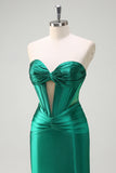 Sparkly Sage Mermaid Strapless Beaded Corset Ruched Satin Prom Dress with Slit