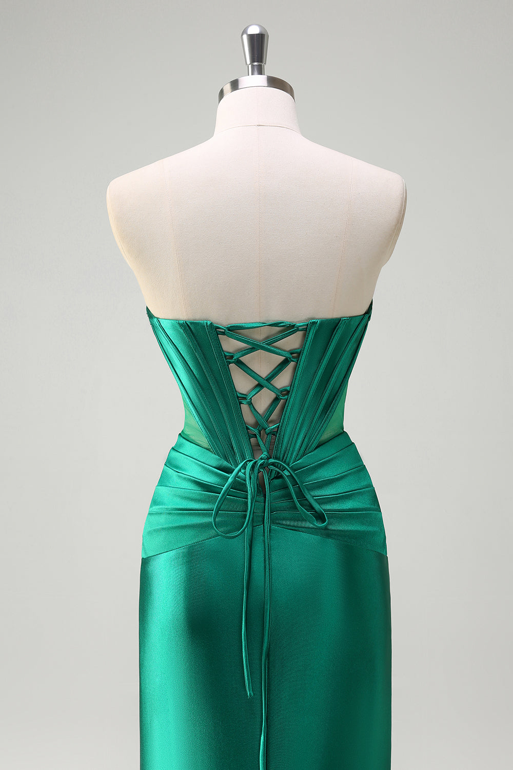 Sparkly Sage Mermaid Strapless Beaded Corset Ruched Satin Prom Dress with Slit
