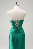 Sparkly Sage Mermaid Strapless Beaded Corset Ruched Satin Prom Dress with Slit