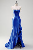 Sparkly Champagne Mermaid Strapless Ruffle Corset Satin Long Prom Dress with Slit