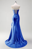 Sparkly Champagne Mermaid Strapless Ruffle Corset Satin Long Prom Dress with Slit