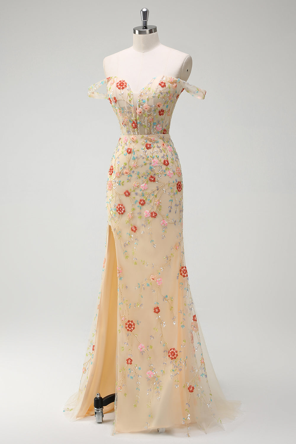 Sparkly Champagne Mermaid Off the Shoulder Floral Corset Long Prom Dress with Slit