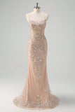 ZAPAKA Women Sparkly Champagne Prom Dress Mermaid Spaghetti Straps Corset Long Evening Dress