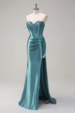Sparkly Lilac Mermaid Sequin Strapless Corset Satin Prom Dress with Slit