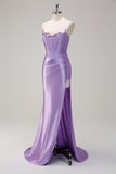 Sparkly Lilac Mermaid Sequin Strapless Corset Satin Prom Dress with Slit