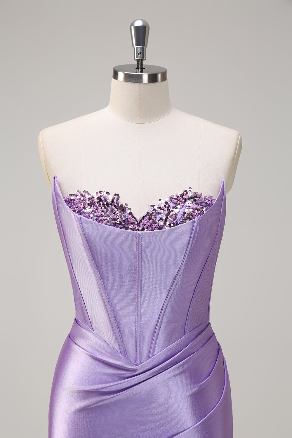 Sparkly Lilac Mermaid Sequin Strapless Corset Satin Prom Dress with Slit