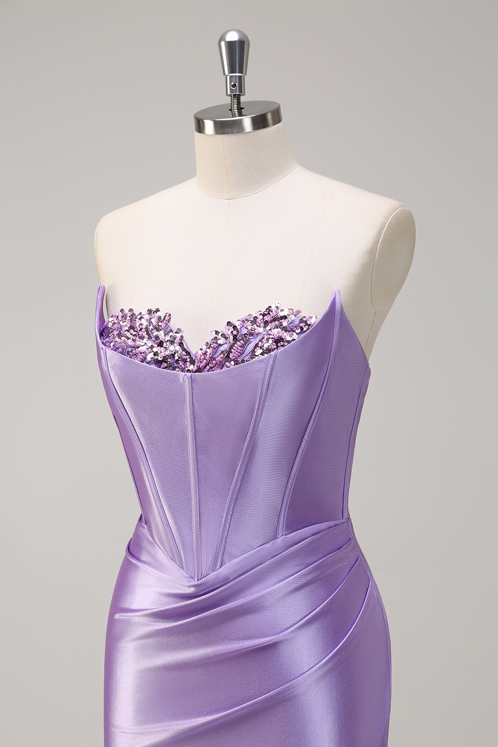 Sparkly Lilac Mermaid Sequin Strapless Corset Satin Prom Dress with Slit