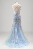 Black Floral Beaded Mermaid Spaghetti Straps Tulle Prom Dress