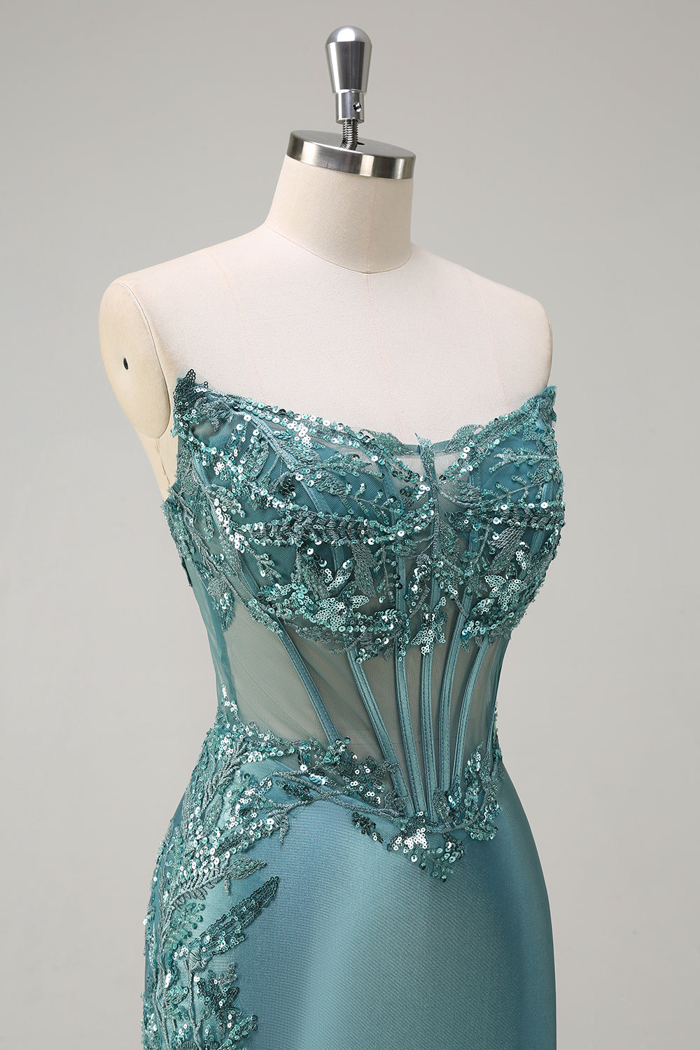 Sparkly Grey Green Mermaid Strapless Sheer Corset Satin Long Prom Dress with Slit