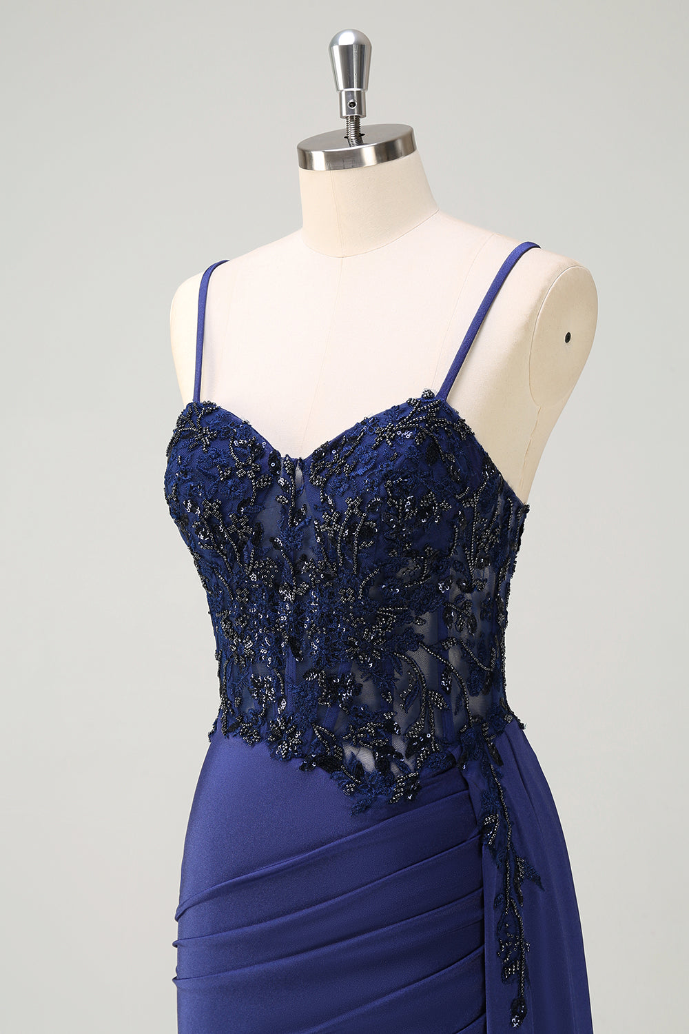 Navy Mermaid Spaghetti Straps Ruched Streamer Long Prom Dress with Lace