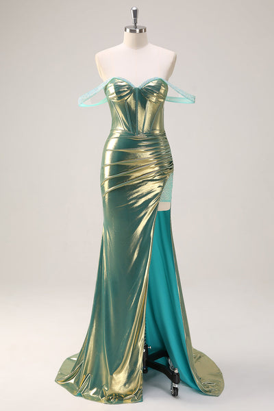 Zapaka Women Green Metallic Prom Dress with Sequins Mermaid Off the  Shoulder Long Corset Formal Dress with Slit – Zapaka CA