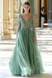 Sage V-neck Long Sleeves A-Line Prom Dress with Appliques