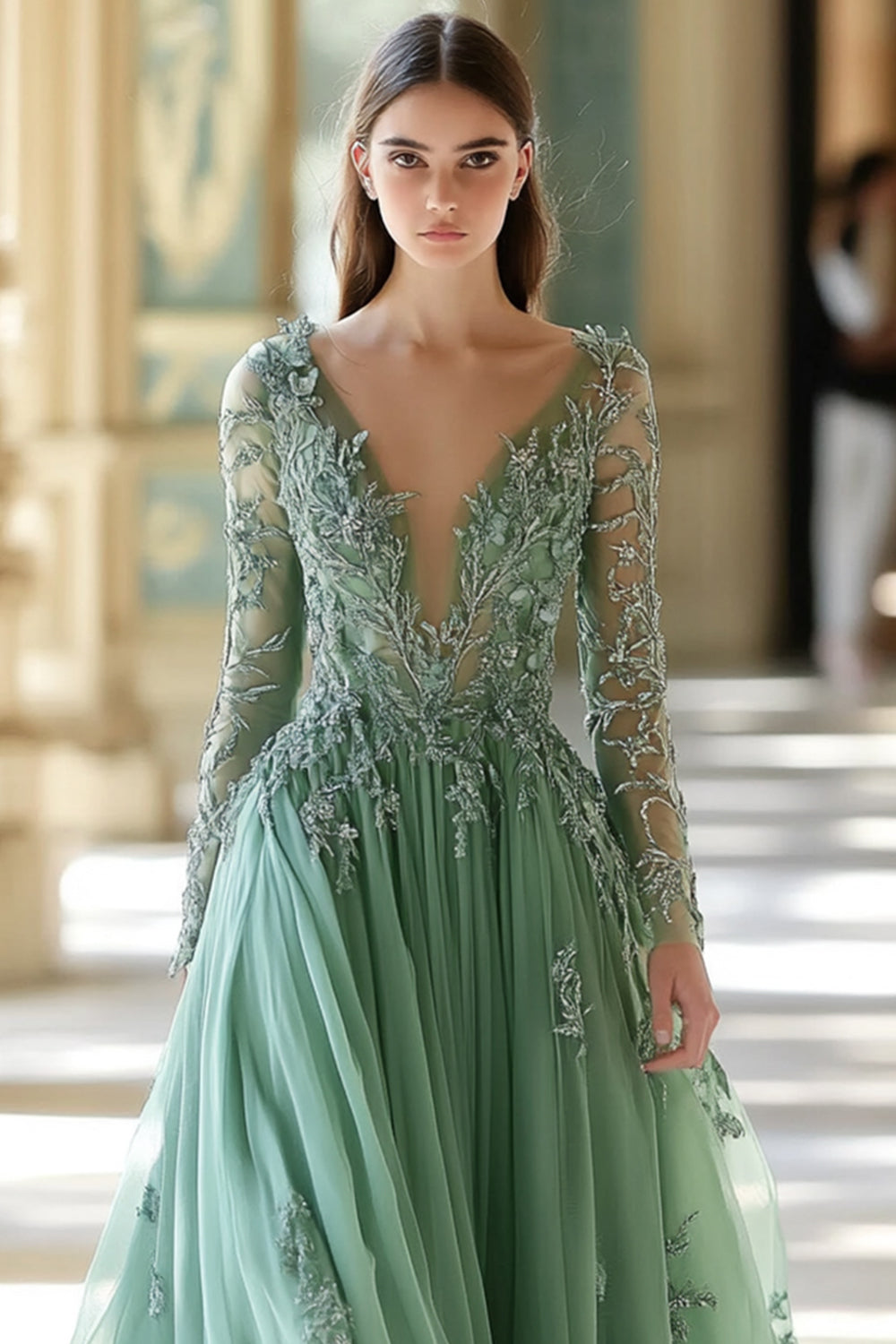 Sage V-neck Long Sleeves A-Line Prom Dress with Appliques