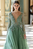 Sage V-neck Long Sleeves A-Line Prom Dress with Appliques