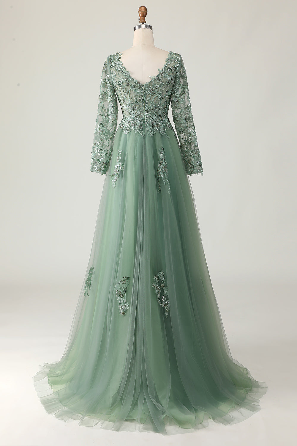 Sage V-neck Long Sleeves A-Line Prom Dress with Appliques
