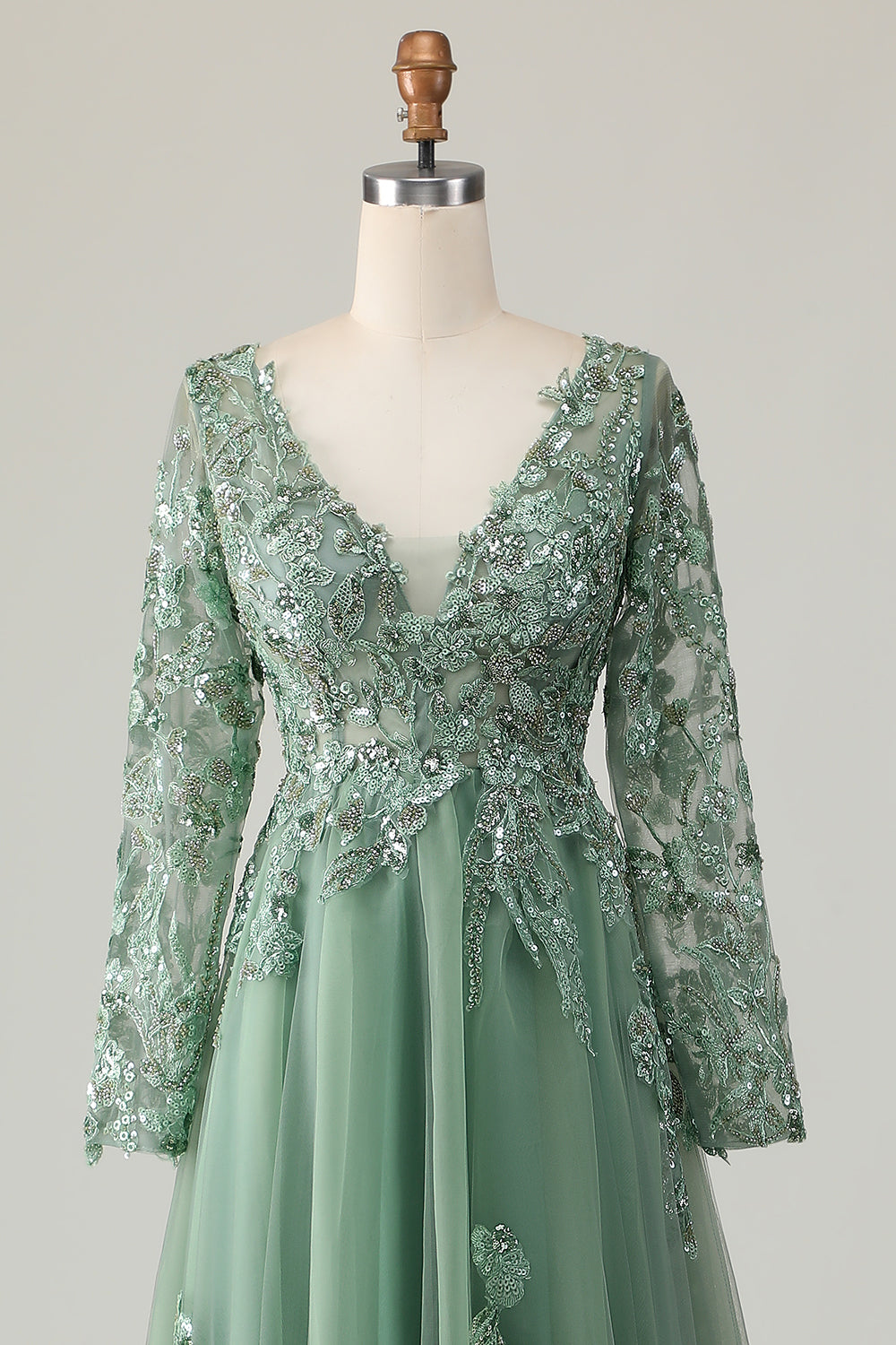 Sage V-neck Long Sleeves A-Line Prom Dress with Appliques