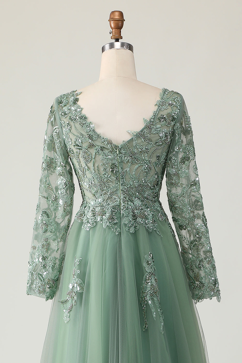 Sage V-neck Long Sleeves A-Line Prom Dress with Appliques