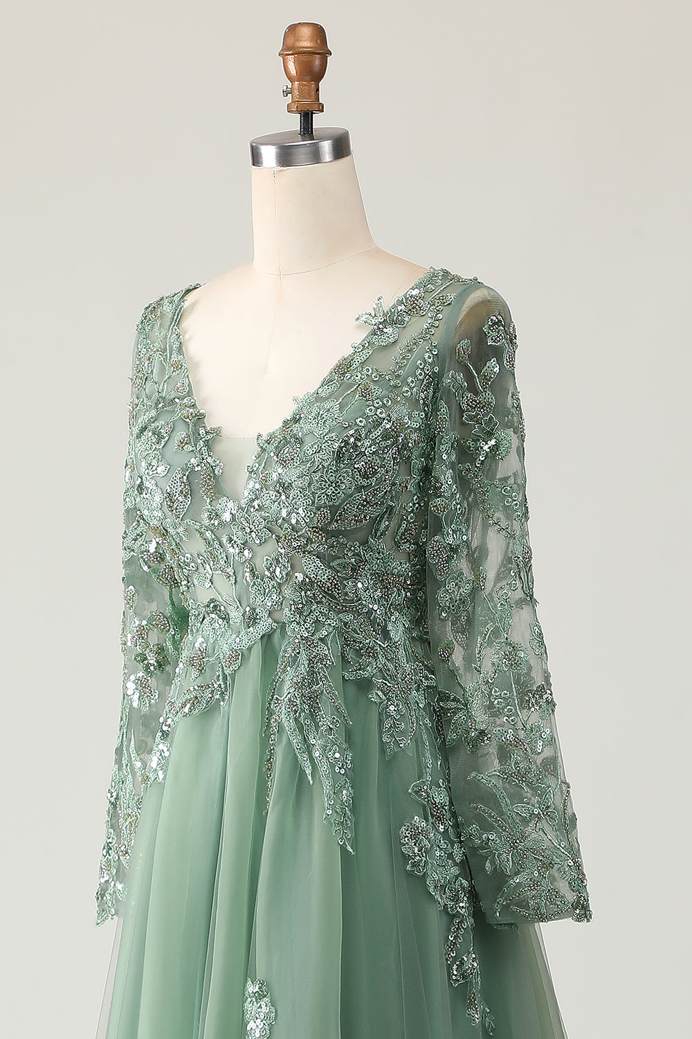 Sage V-neck Long Sleeves A-Line Prom Dress with Appliques