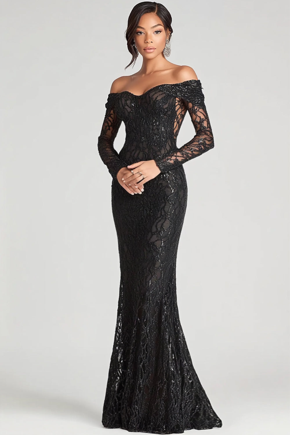 ZAPAKA Women Black Formal Dress Sheath Off The Shoulder Long Sleeves Mesh And Lace Long Formal Wear Dress