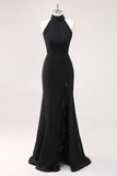 Black Halter Neck Ruffles Mermaid Long Formal Dress with Slit