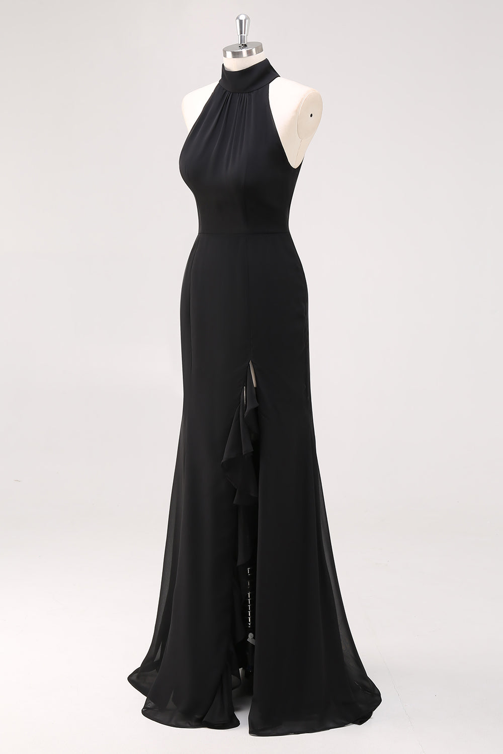 Halter Neck Black Ruffles Mermaid Long Formal Dress with Slit