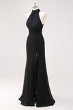 Halter Neck Black Ruffles Mermaid Long Formal Dress with Slit